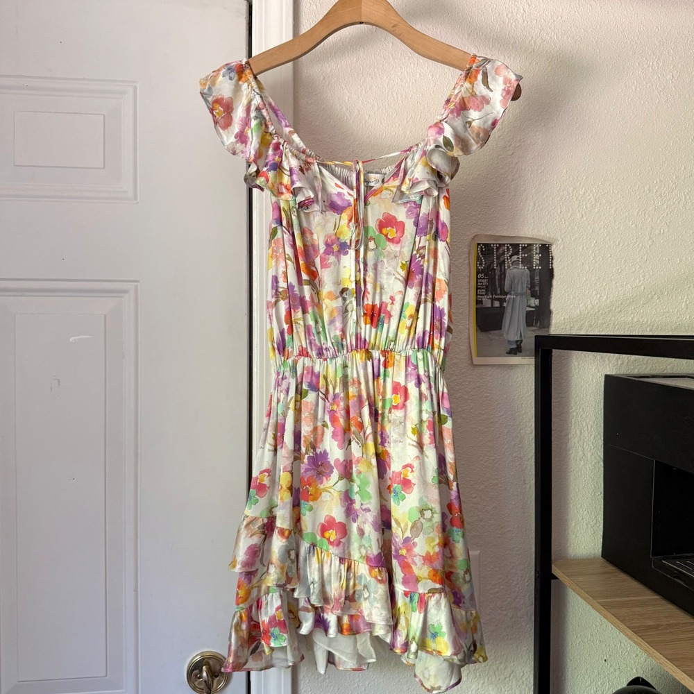 RAYS FOR DAYS white rainbow multicolor satin off shoulder ruffle mini dress